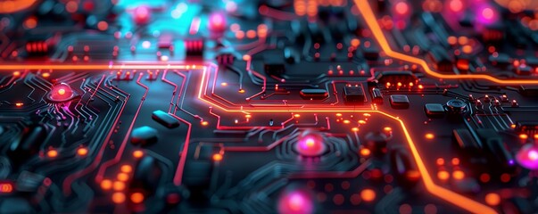 abstract illustration of colorful neon circuit with glowing orange lamp on black surface