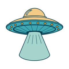 The flying saucer is emitting a bright beam of light from its underside,
