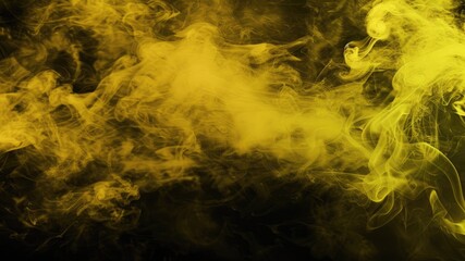 Vibrant yellow smoke swirls on floor, backdrop & wallpaper against black backdrop. Misty fog overlays for captivating text or space.