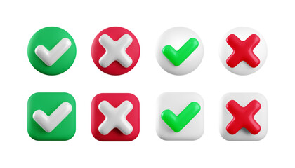 Vector 3d checkmarks icon set. Round and square glossy yes tick and no cross buttons isolated on white. Red, green and white heck mark and X symbols realistic 3d render. Right and wrong sign set.