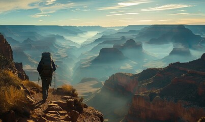 A hiker silhouetted against the Grand Canyon on the South Kaibab Trail in the morning