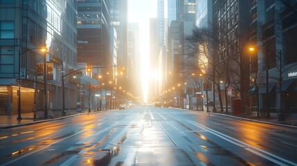 Obraz premium Serene urban landscape in morning light with quiet business district streets and architecture