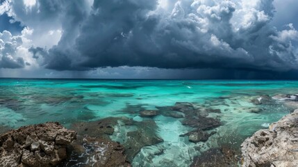 Fototapeta premium A storm brewing over the ocean, dark clouds contrasting with turquoise water, panoramic format