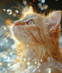 orange cat playing with water in the sea at the beach in a sunny day