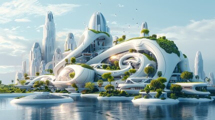 A futuristic city with a large white building and a lot of greenery