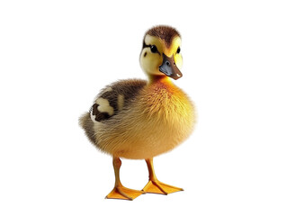 A close-up photo of a fluffy white duckling standing alone on a white background