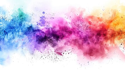 Vibrant colorful spray contrasts beautifully with white background. Smoke cloud adds depth. Texture overlays enhance text or space. Perfect for creative projects.