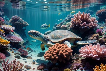 Fototapeta premium A turtle swims in an underwater coral reef environment