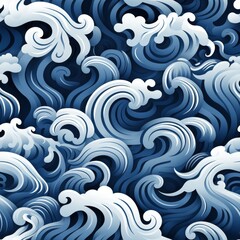 Fototapeta premium Seamless pattern of blue and white waves. The waves are in a traditional Japanese style. The pattern is suitable for printing on fabric, paper, and other surfaces.