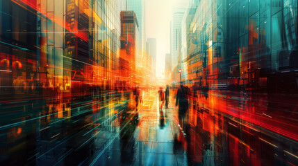 Dynamic urban life captured in motion blur with vivid colors reflecting a bustling city.