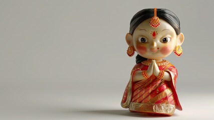 Charming stucco doll in saree, 3D render on white background with copy space. Perfect for creative projects.