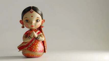 Charming stucco doll in saree, 3D render on white background with copy space. Perfect for creative projects.