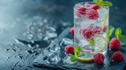 Indulge in the allure of a sparkling cocktail adorned with raspberries, lemon slice, and mint on slate with ice, against a dark background. Captured in cinematic photography style.