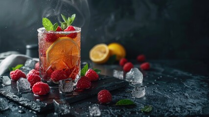 Indulge in the allure of a sparkling cocktail adorned with raspberries, lemon slice, and mint on slate with ice, against a dark background. Captured in cinematic photography style.