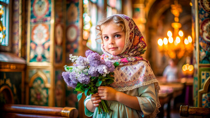 Girl with lilac in christian church