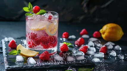 Indulge in the allure of a sparkling cocktail adorned with raspberries, lemon slice, and mint on slate with ice, against a dark background. Captured in cinematic photography style.