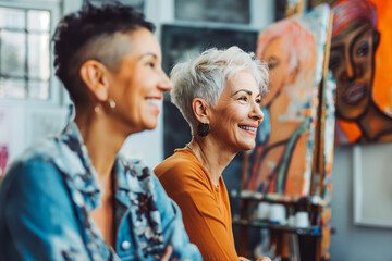 Fototapeta premium side view of trendy and smiling lesbian mature artists looking away in contemporary art workshop