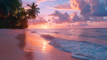At sunset, a tropical beach, the sky painted in hues of pink and orange, with palm trees swaying gently, waves lapping at the sandy shore, creating a tranquil atmosphere.