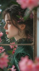 Naklejka premium young woman in green dress looking at her reflection in mirror near rhododendron flowers blooming