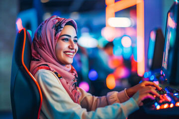 Fototapeta premium Side view portrait of Muslim young woman playing video games in cybersports club and smiling happily, copy space