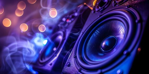 Speakers with blue lights on dark background perfect for listening to music. Concept Speakers, Blue Lights, Dark Background, Music Listening, Atmosphere