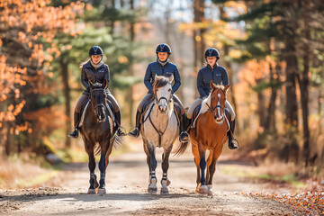 Three horsewomen enjoy riding beautiful horses, side by side along the trail at the equestrian center on a sunny day