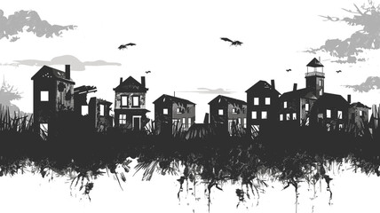 Obraz premium Silhouetted haunted village, spooky houses, abandoned buildings, reflecting water. Dark horror scene, flying bats, ominous clouds, mysterious atmosphere, Halloween theme. Gothic architecture, grungy