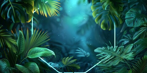 Trendy Background Design. Tropical Plants with Green and Blue, Hexagon shaped Neon Frame.