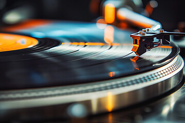 Turntable plays vinyl, high contrast and motion blur