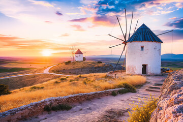 Windmills of Consuegra at Sunrise , Castilla-La Mancha, Spain. Beautiful exposure of the Windmills...