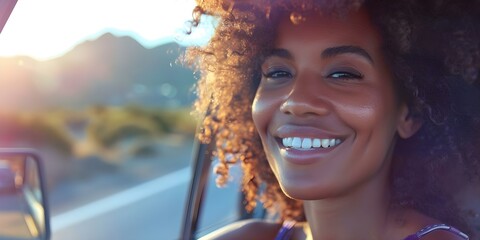 Happy African American woman with curly hair enjoys sunny road trip. Concept Road Trip, Sunny Day, African American Woman, Curly Hair, Joyful Smile