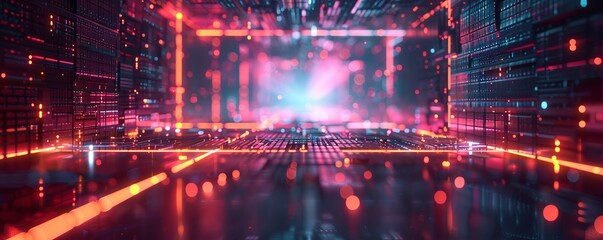 Fototapeta premium geometric shapes and structures in colorful neon colors and lights in cyberspace against dark background