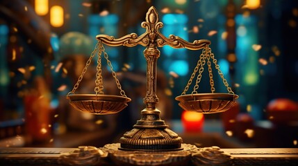 Law and Justice concept. Scales of justice in the courtroom.
