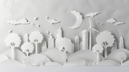 Discover a paper art style scene with trees, city buildings, wind turbine, and solar panels promoting green energy and ecology preservation. 3D rendering on white background with copy space.