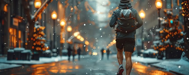 A male runner with a backpack runs down a city street while wearing shorts in the winter.