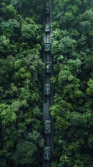 An aerial view of an Military tank M1 Abrams column moving through a dense forest The tanks leave distinct trails in the foliage
