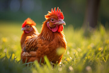 Fototapeta premium red chicken in a green pasture