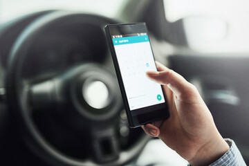 Phone, car and calendar with hands for date, planning and mobile app for diary and web reminder. Travel, online and driver with digital screen for driving, transport and internet search with person