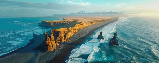 Aerial view of Reynisdrangar sea stacks