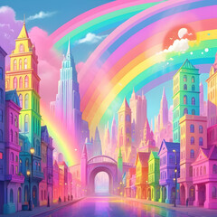 Naklejka premium A city scene in a fantasy pastel rainbow colors, bright and glowing.