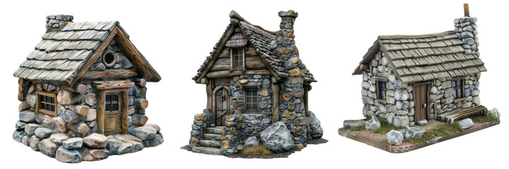Stone hut, house or cabin, set, transparent or isolated on white background, 3d rendering