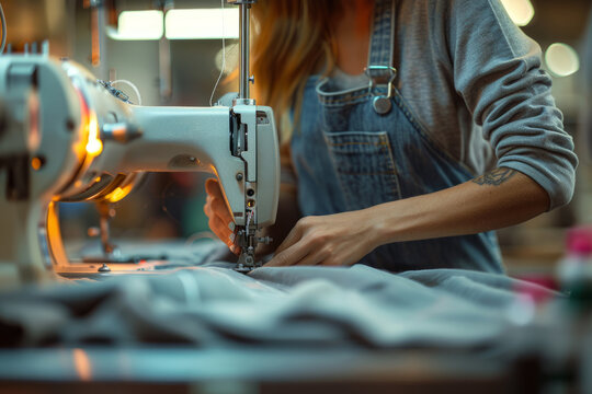 Dressmaker woman seamstress sitting and sews on sewing machine