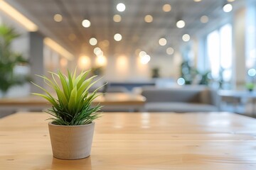 Fototapeta premium Potted plants on the table, background with natural light bokeh at work space interior background.