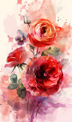 Watercolor flower red rose, ranunculus, viola. Splash color background, vector art, illustration