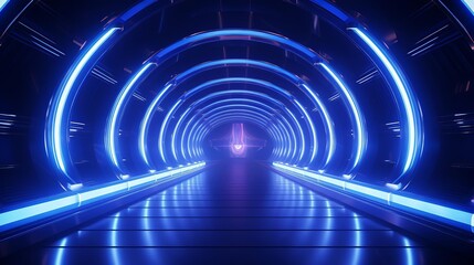 A long, narrow tunnel with blue lights shining down on it