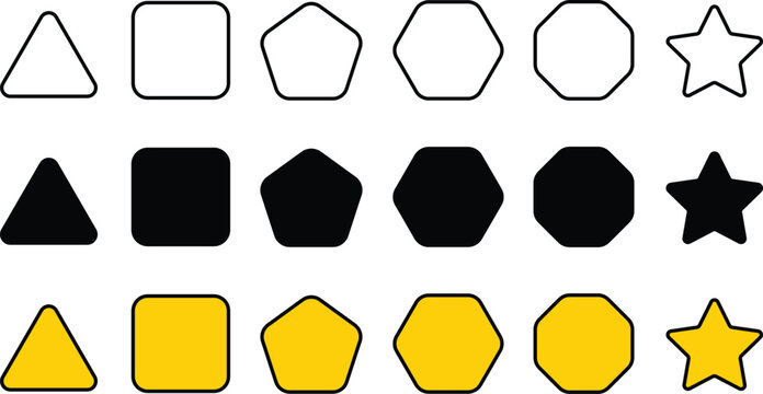 Set of geometric figures in different styles. Triangle, square or squircle, pentagon, hexagon, Star, Oxagon. Vector illustration