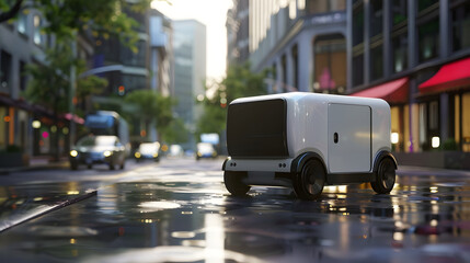 A white autonomous delivery vehicle on the street in the city, ready for its next delivery.