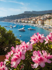 Riviera Radiance, Revel in the Picturesque Splendor of a Coastal Town on the French Riviera, Enhanced by Vibrant Azalea Flowers Along the Seafront.
