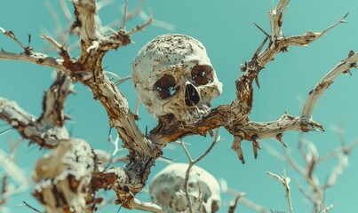 The dried bones of a dead saguaro against a pale blue sky