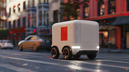 A white autonomous delivery vehicle on the street in the city, ready for its next delivery.